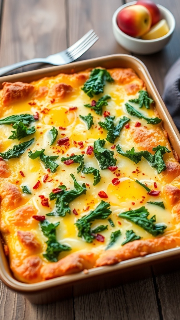 Kale and Egg Breakfast Bake A golden kale and egg breakfast bake in a dish, garnished with red pepper flakes, on a rustic table with fruit.